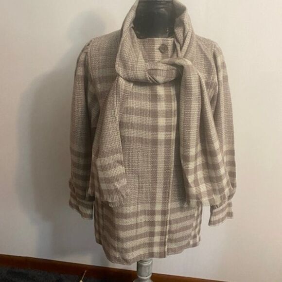A. C. Sport Vintage Tan/Brown Plaid with attached scarf Wool jacket, size XL - Picture 1 of 7